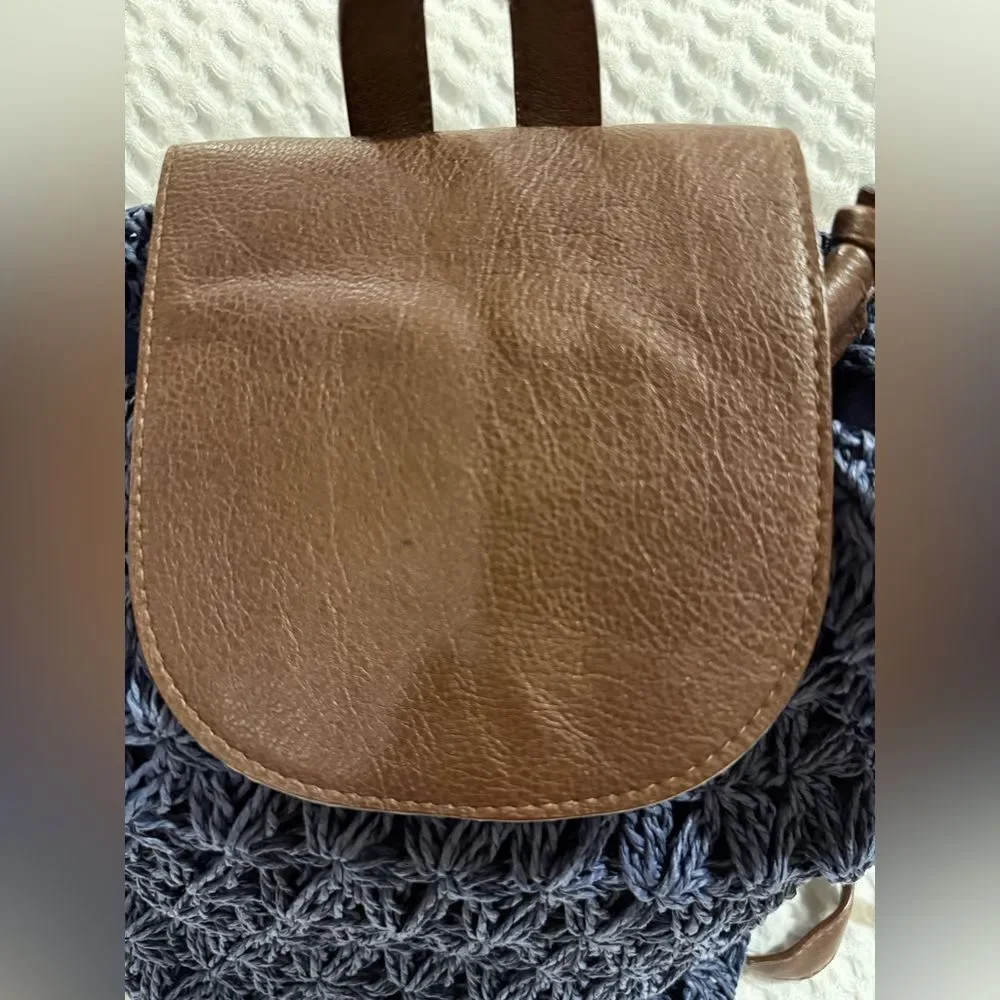 Cappelli Straworld Navy Crochet Toyo Backpack with Brown Leather Accents